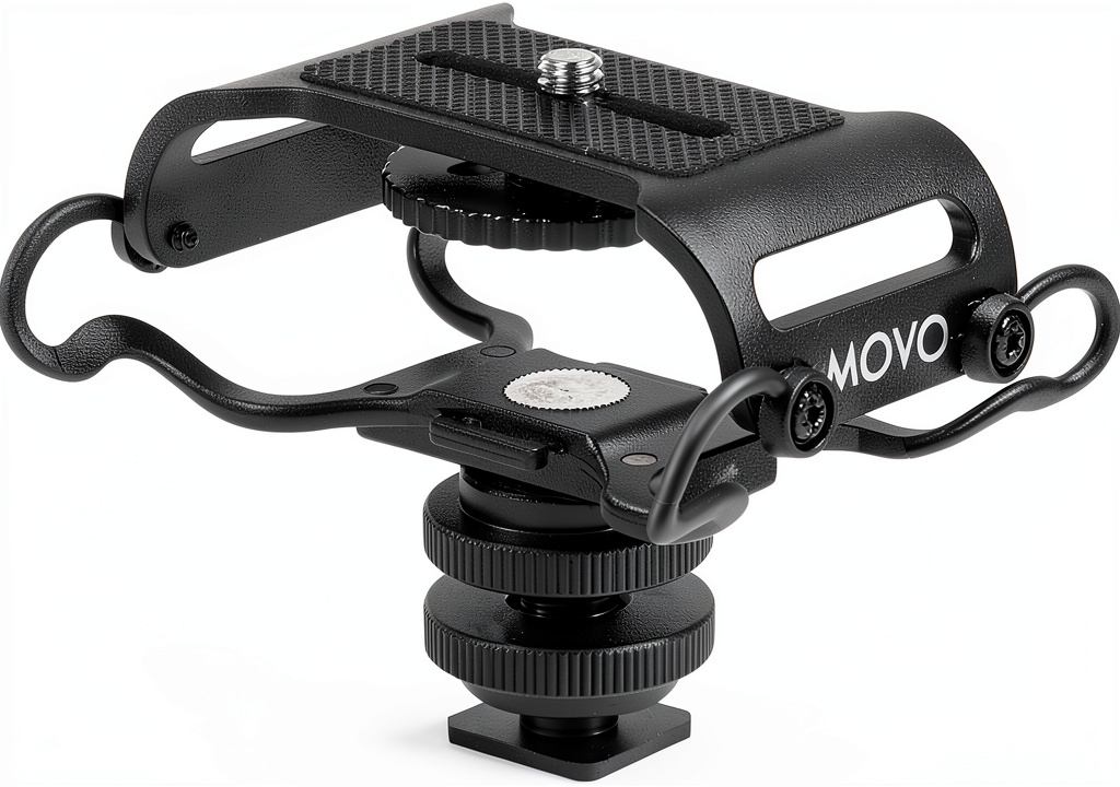 Movo shock mount attached to a DSLR camera on a city street