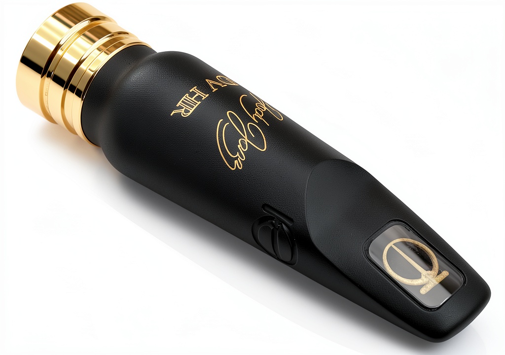 Baritone saxophone player using hard rubber mouthpiece in a concert hall